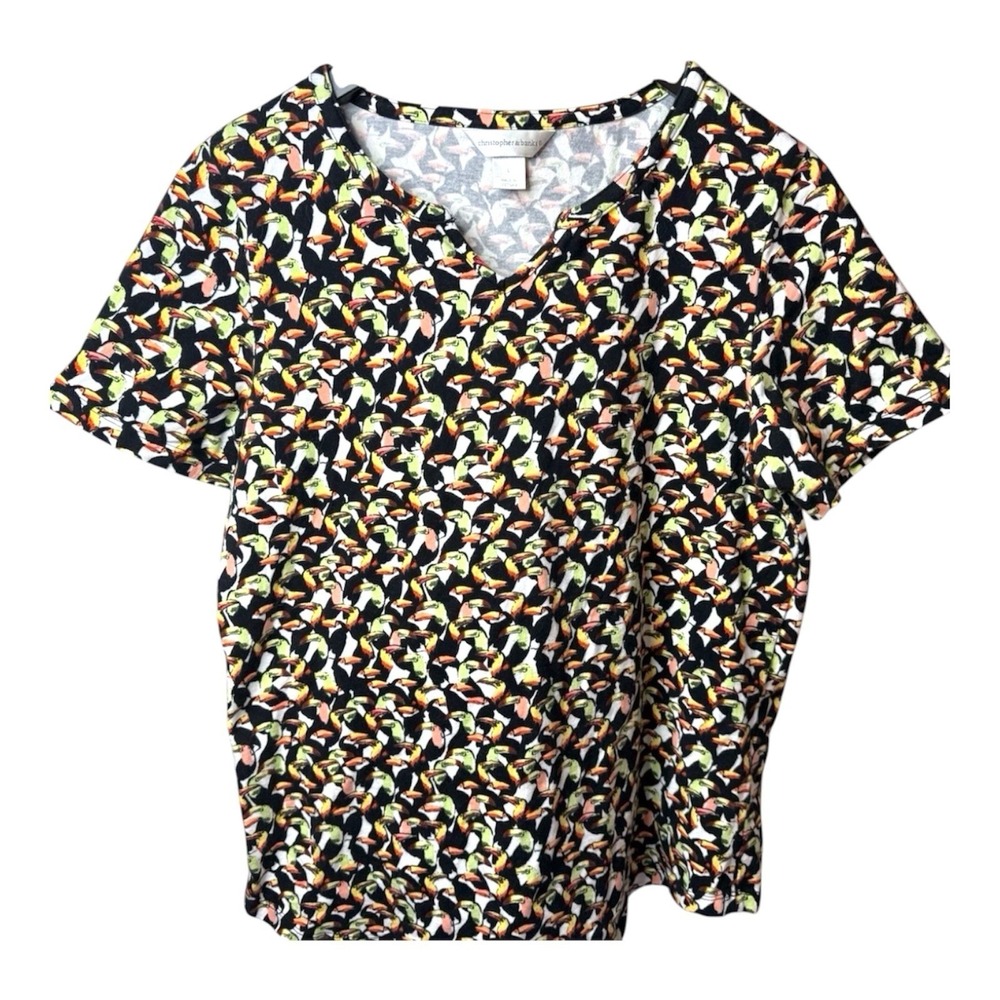 C Banks Womens Top‎ Large Toucan All Over Short Sleeve Cotton Blend Notch Neck